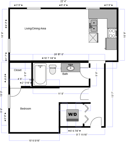Floor plan for 1 bed, 1 bath, 493 sqft